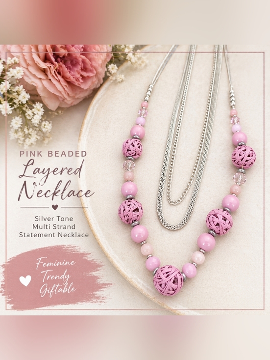 Jewelry - Pink Beaded Layered Necklace Silver Tone Multi Strand Statement Necklace